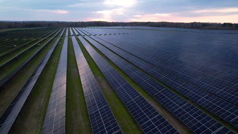 Aerial-Top-View-Of-Solar-Farm-at-Sunset