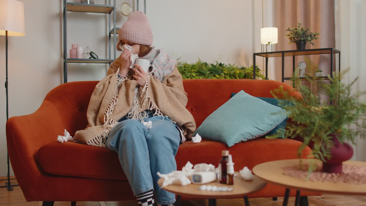 Sick cold woman suffering from cold or allergy at home in living room blows nose snot into napkin
