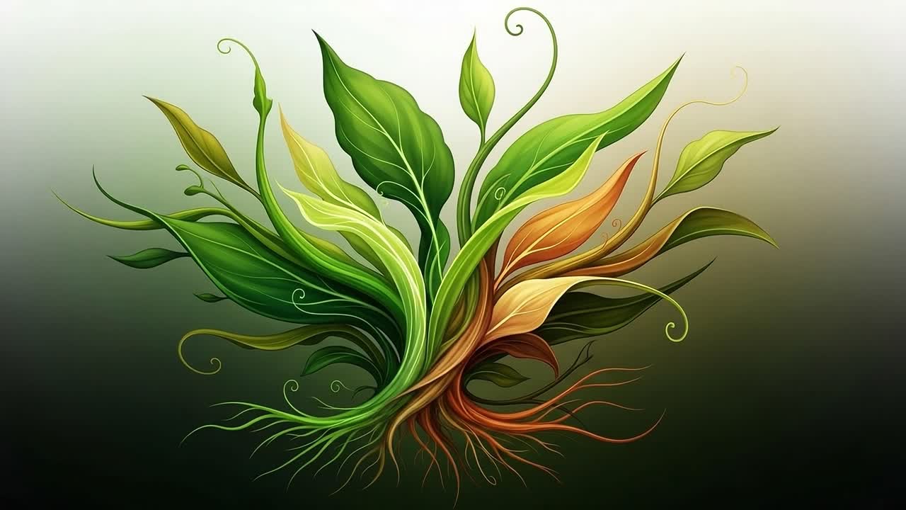 Vibrant Growth: A Stunning Representation of Nature's Beauty with Lush Green Leaves, Intricate Patterns, and Dynamic Roots Merging Together in an Exquisite Composition