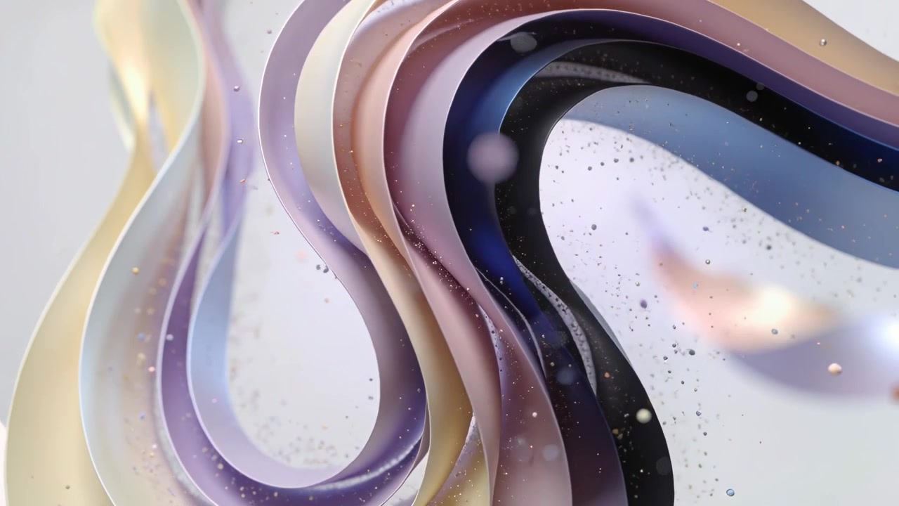Twisting stacked ribbon-like bands rotating as camera dolly starting, revealing layers, particles