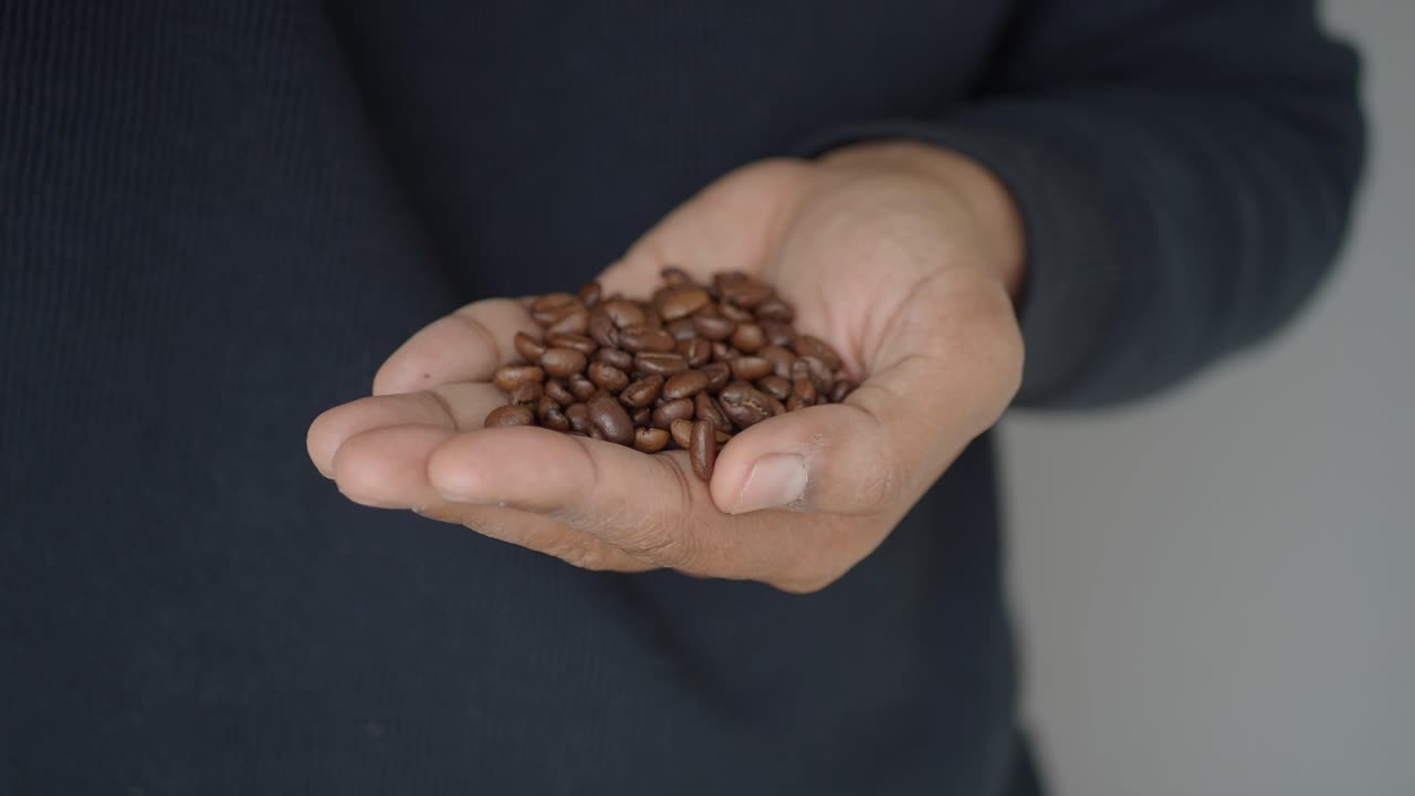 Primo piano di una mano che tiene e ispeziona chicchi di caffè tostati