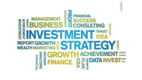 4k investment strategy animated tag word cloud,text animation seamless loop.