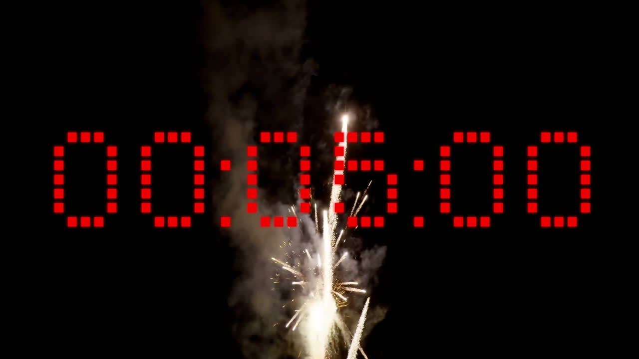 Animation of cuntdown over fireworks on black background