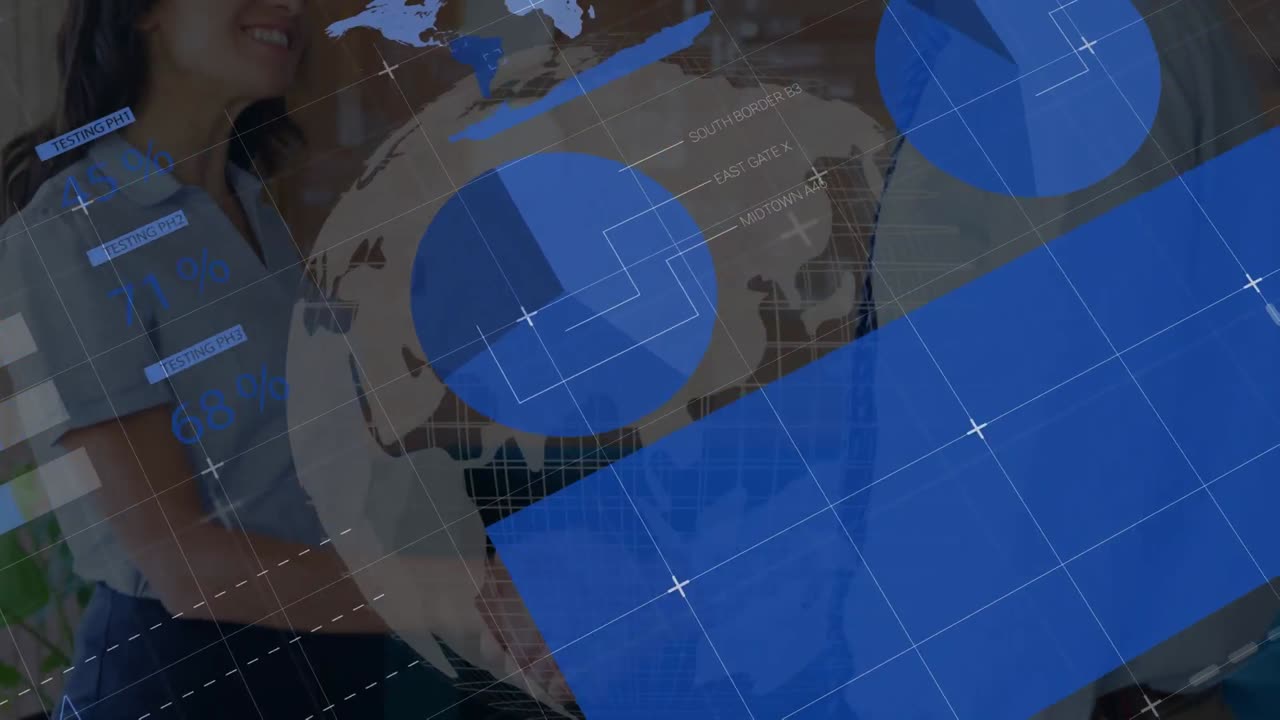 animación de datos financieros sobre una mujer de negocios caucásica y un hombre de negocios que se dan la mano