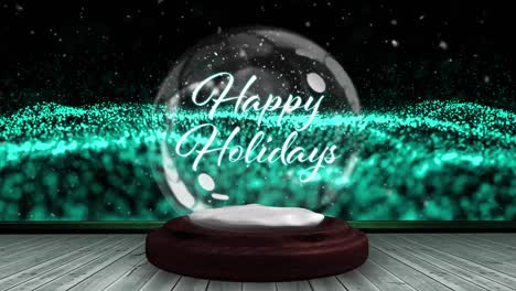 animation of christmas greetings in snow globe with green mesh waving and snow falling