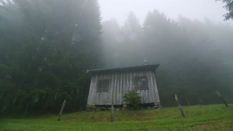 Mountain-biker-rides-past-an-abandoned-cabin-in-a-foggy-forest