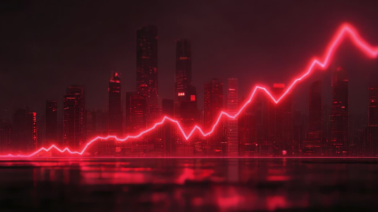 Negative stock market trend with a declining glowing red graph line in front of a modern cityscape at night. Metaphor for a financial crisis, recession, economic downturn, or investment failure