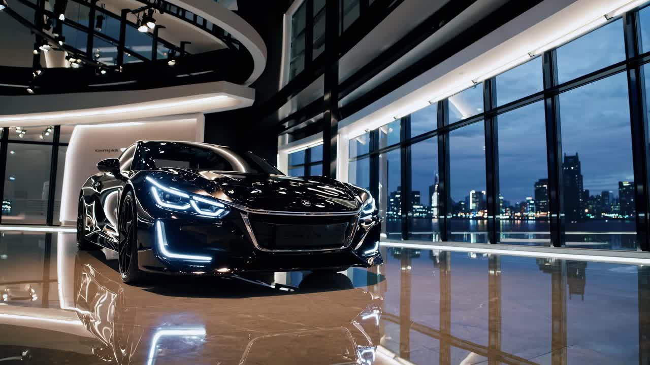 Low-angle shot of a sleek, modern car in a showroom, emphasizing its futuristic design