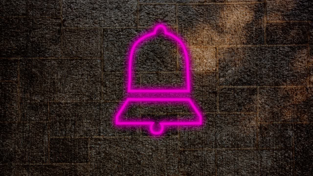 벽돌 벽에 박이는 네온 종 알림 아이콘의 애니메이션