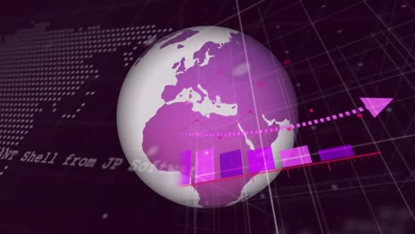 Animation-of-globe-and-financial-data-processing-on-black-background