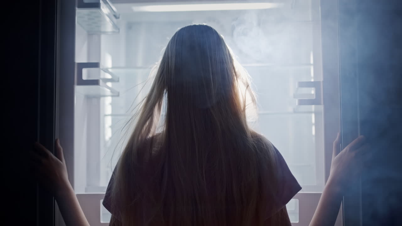 여자는 냉장고 안을 들여다본다. 밝은 빛이 비치는 곳. 뒷모습