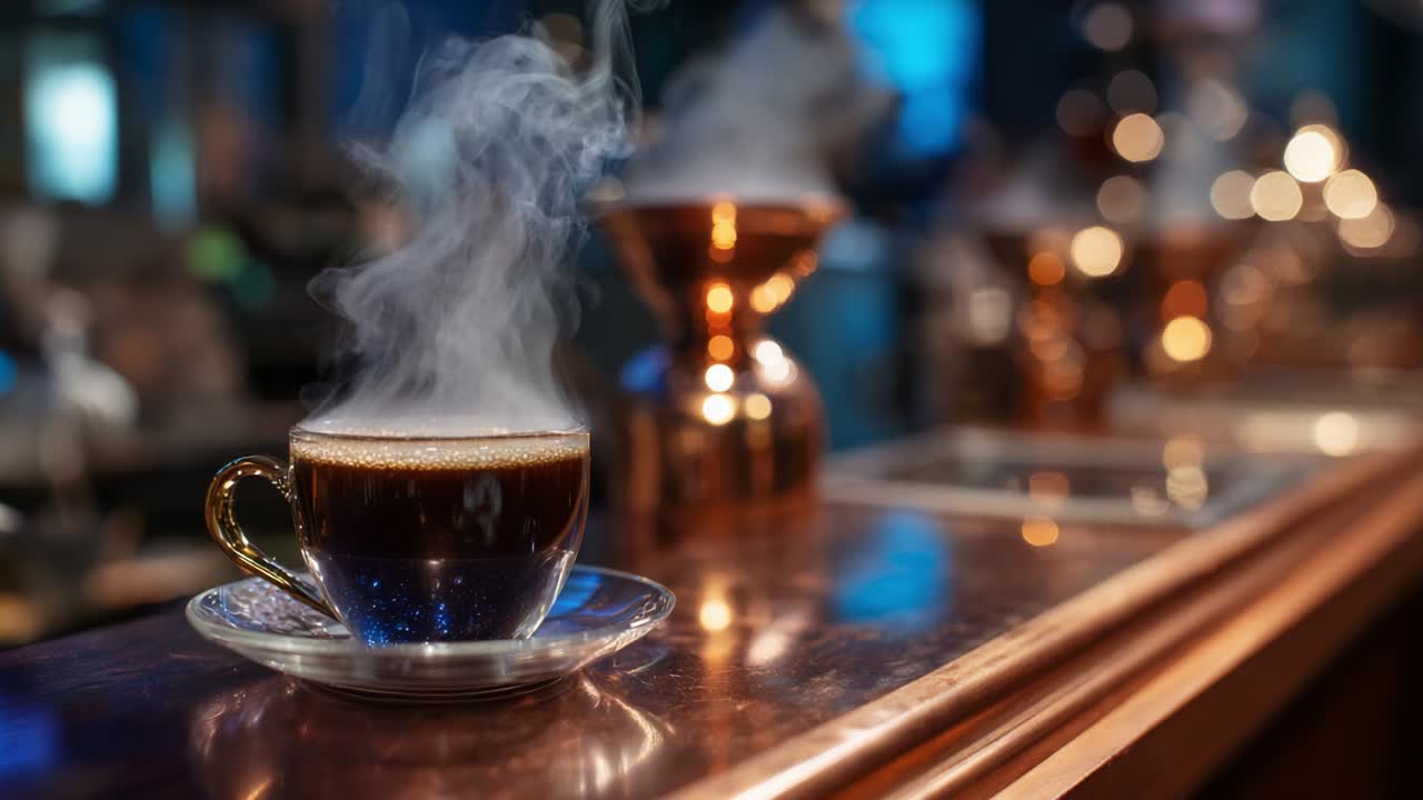 A Beautifully Steaming Cup of Coffee Captured in Two Frames, Highlighting the Rich Aroma and Warmth of the Beverage, Surrounded by an Ambient Café Atmosphere with Elegant Copper Brewing Equipment