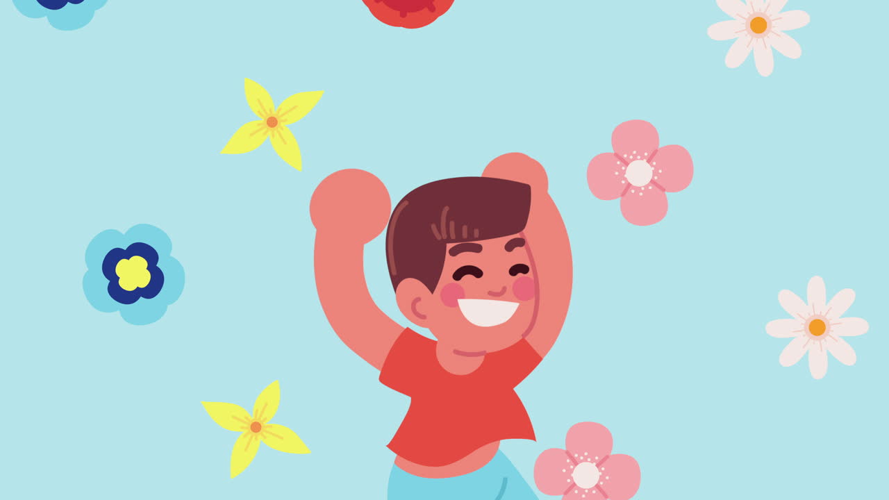 꽃으로 둘러싸인 행복한 소년