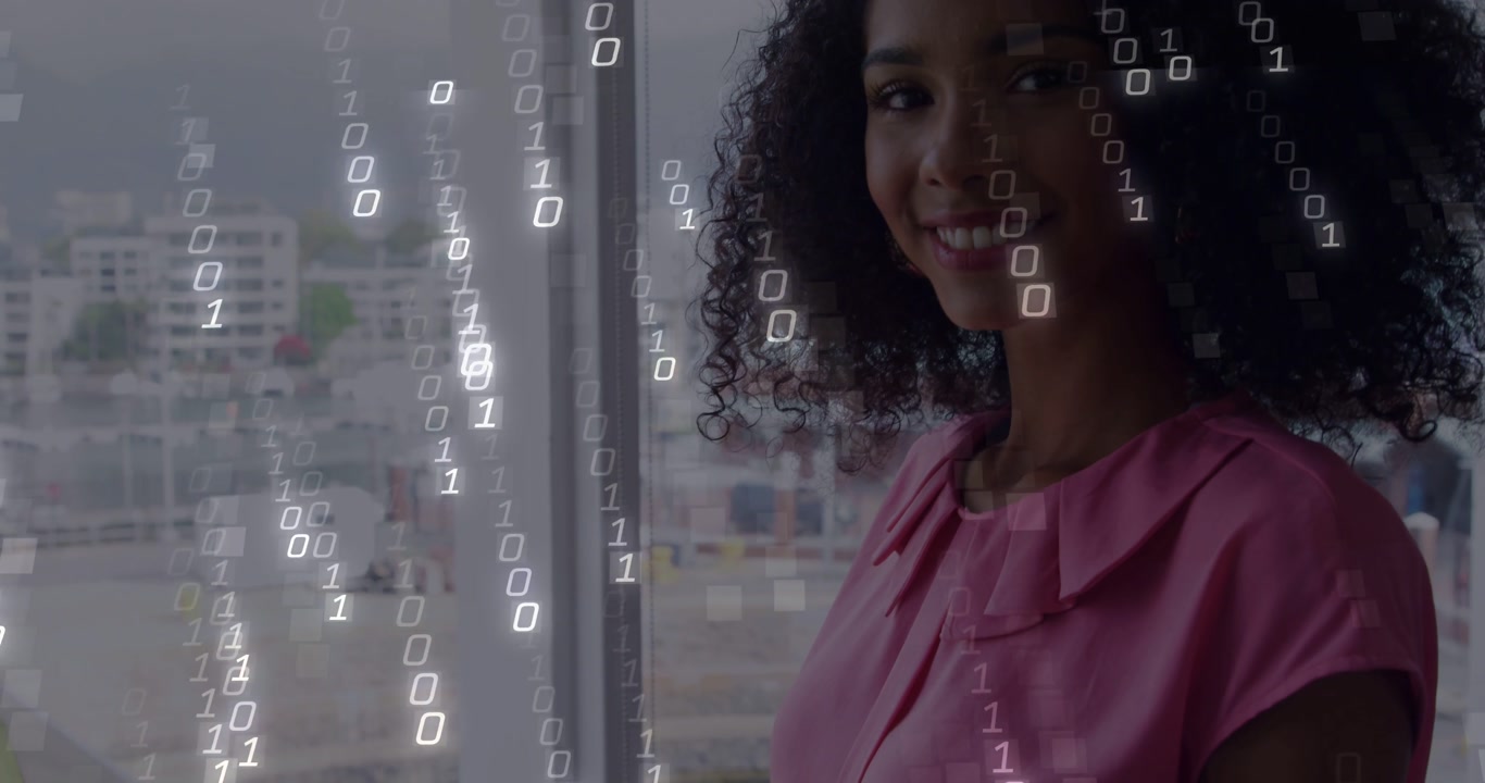 Woman typing on laptop by window, causing binary filling frame, pausing, smiling, visualizing tech