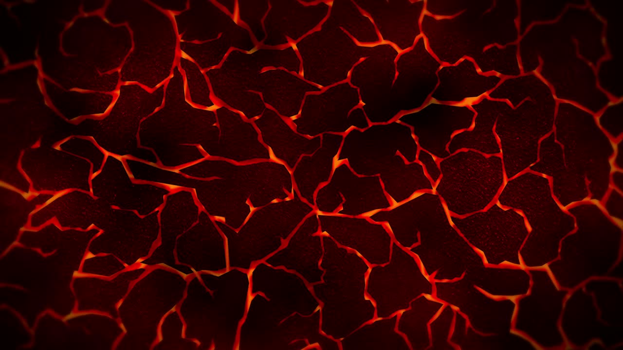 Sfondo scuro con terreno rosso crepato. Fumo, nebbia, polvere. Animazione in loop di lava fusa. Superficie terrestre. Pavimento rovente