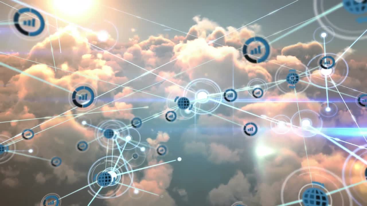 animación de la red de conexiones con iconos sobre nubes en el cielo