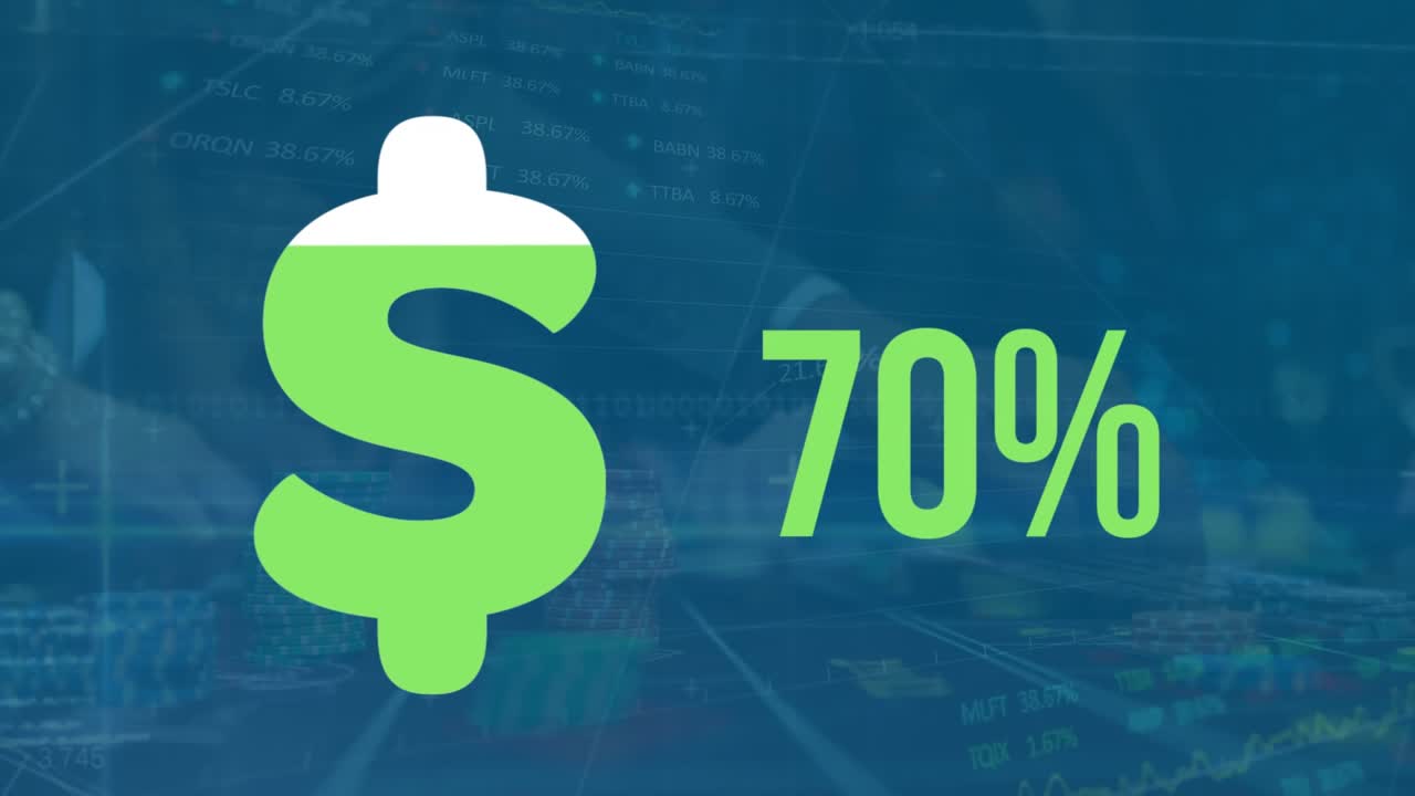 Animazione di un simbolo del dollaro con percentuali in crescita su elaborazione dati e persone in un casinò.