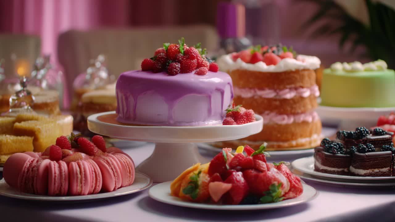 A Delightful Array of Colorful Cakes and Desserts Featuring an Exquisite Purple Cake Topped with Raspberries Amidst a Stunning Display of Sweet Treats that Entice the Senses and Inspire Celebration