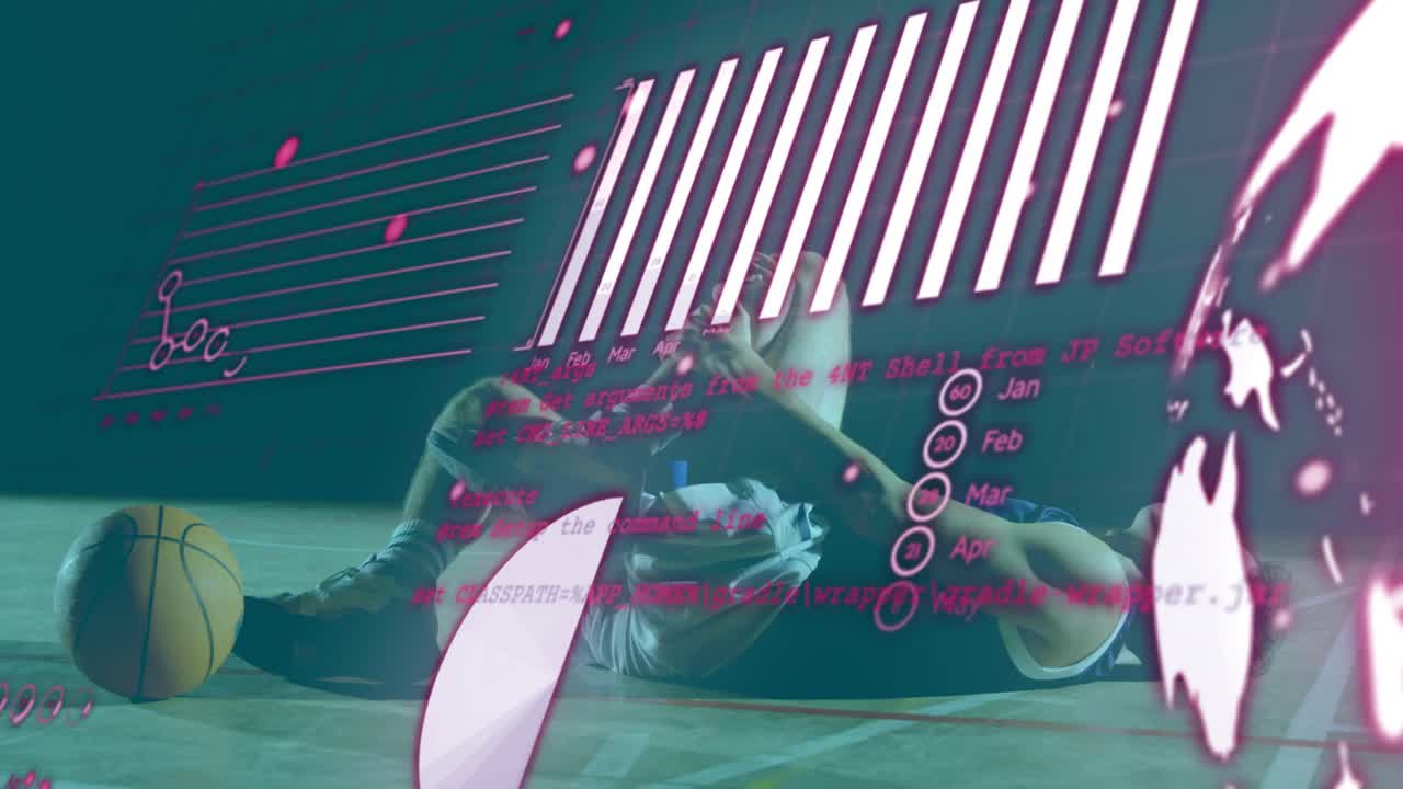 Male athlete lying on court clasping right knee after pain, pink health charts highlighting knee