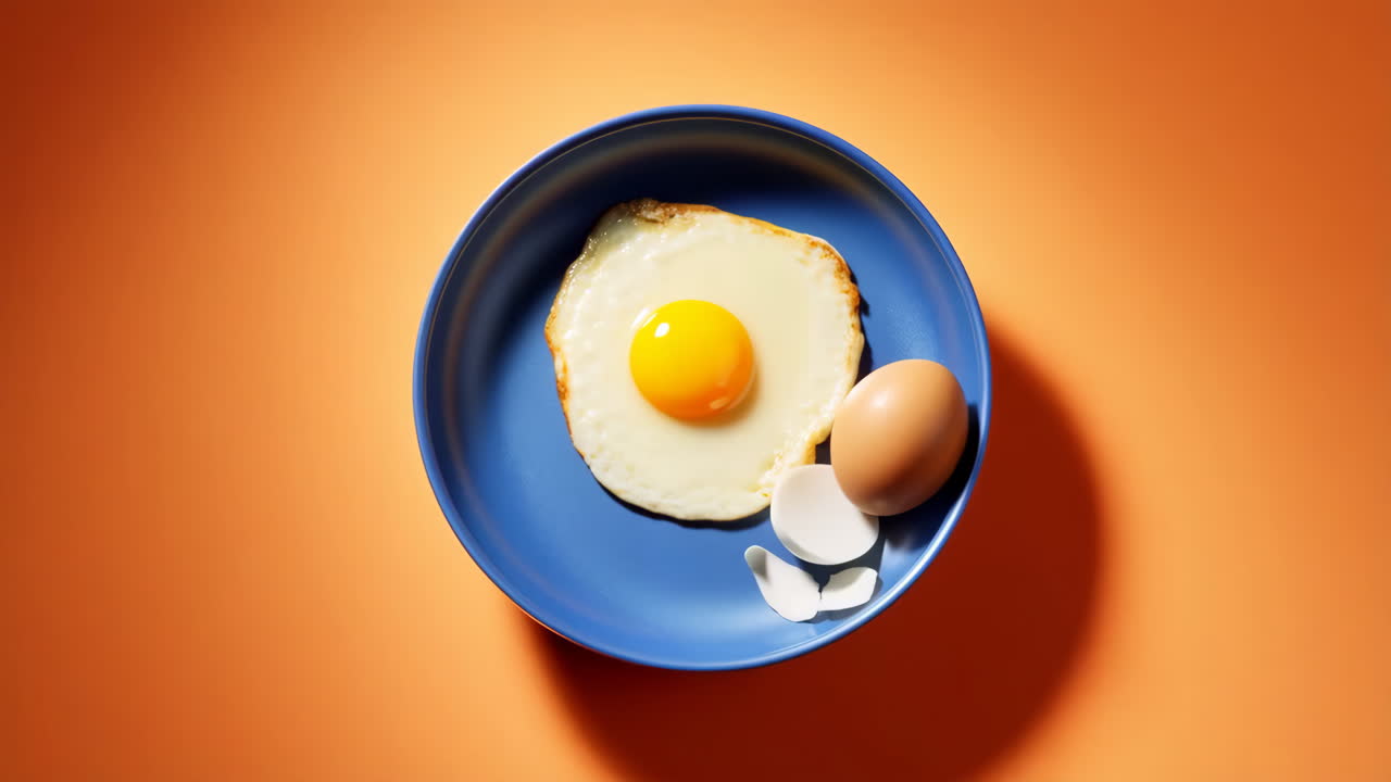Paistettu muna sinisellä lautasella, kokonainen muna ja kuoret oranssilla taustalla
