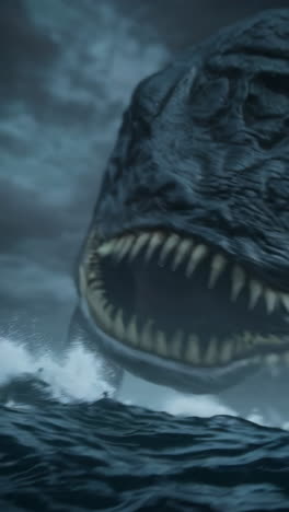 giant sea monster looming over a small boat in stormy waters