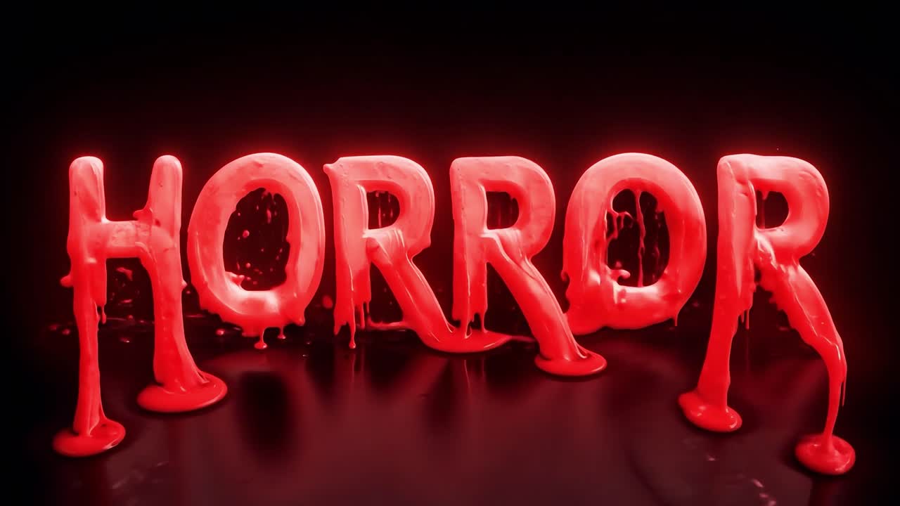 el texto de horror rojo se forma a partir de la goteo de sangre contra un fondo oscuro, creando una atmósfera escalofriante y espeluznante