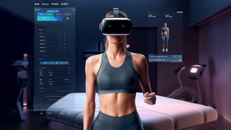 woman uses vr headset for virtual fitness training in a futuristic gym setting
