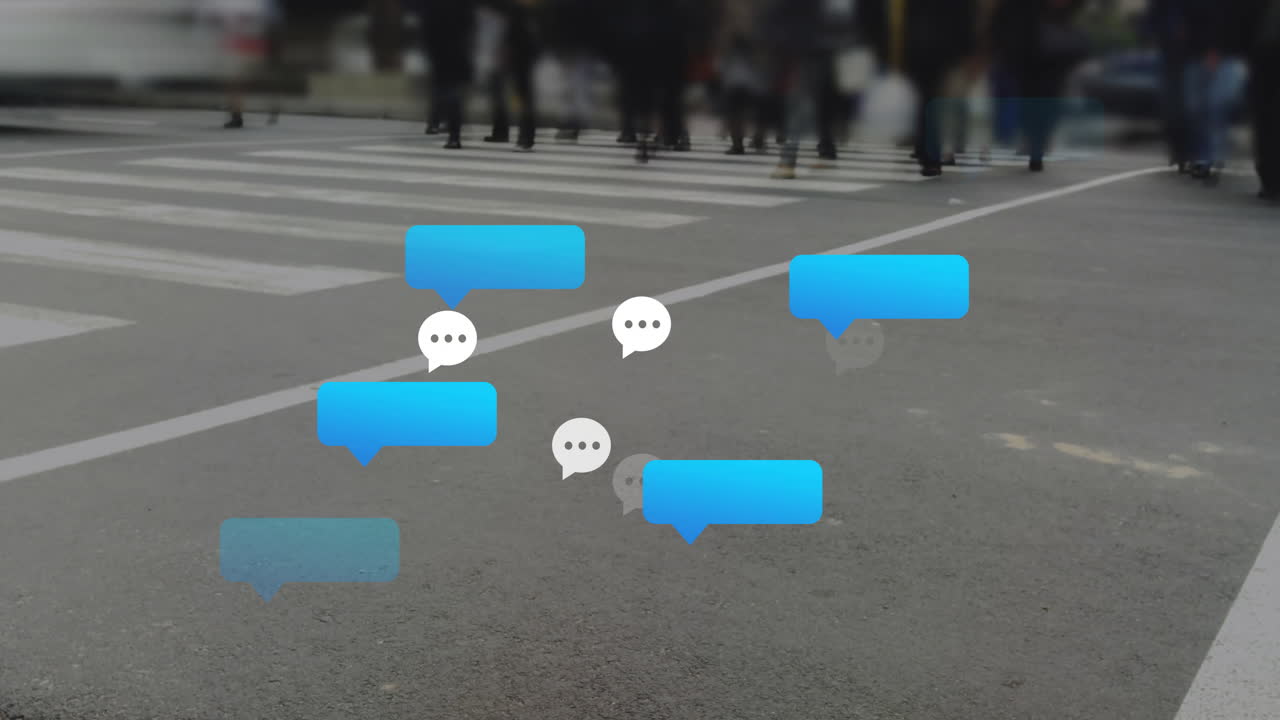 Chat bubbles animating over blurred background of busy street crosswalk