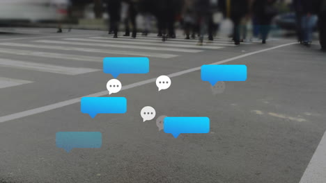 chat bubbles animating over blurred background of busy street crosswalk