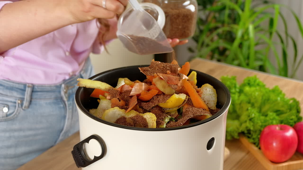 Woman recycling organic waste by pouring Bokashi bran on the vegetable peels. in the kitchen