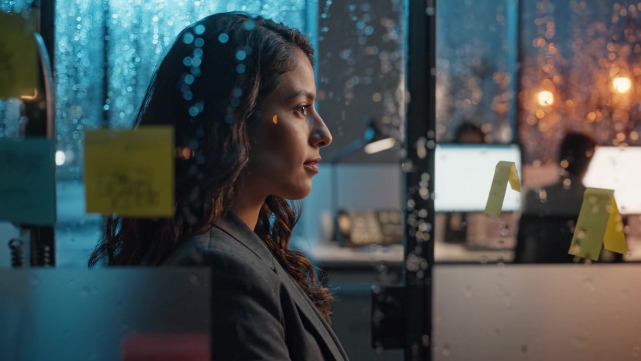 Contemplative Woman Gazing Out Through Rainy Office Window Amidst Sticky Notes and Modern Work Environment in Quiet Reflection