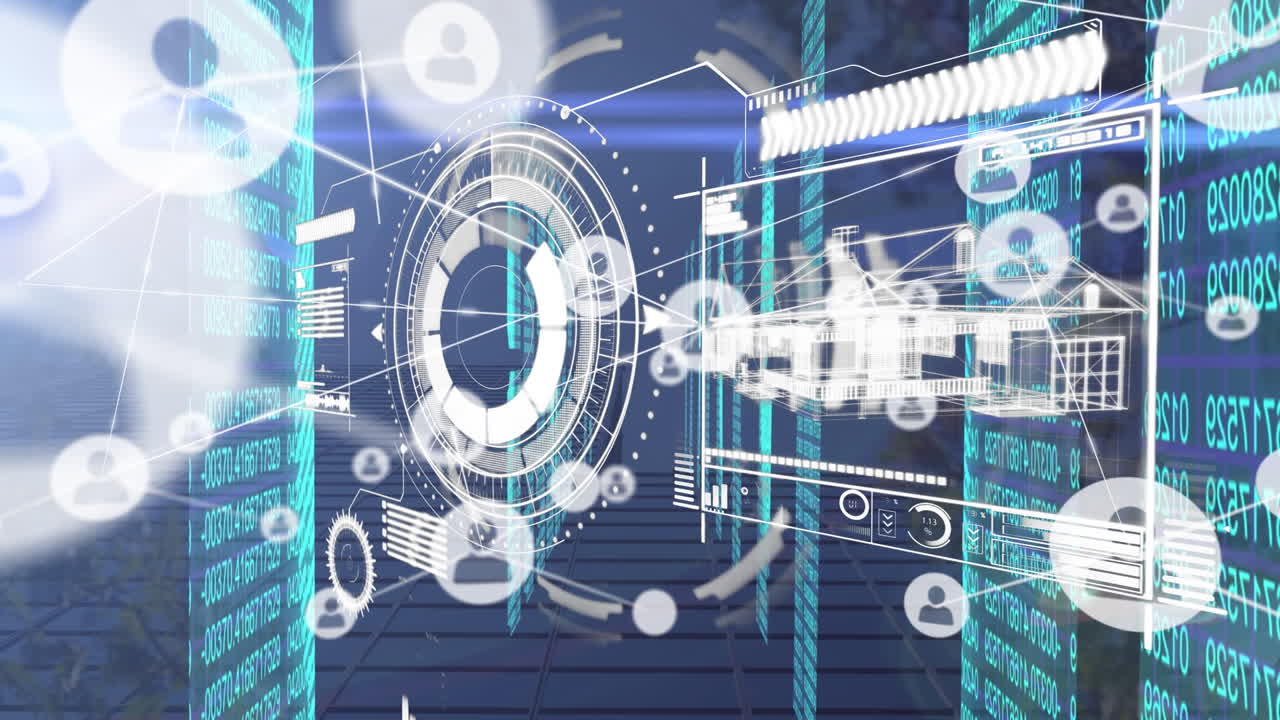 아이콘과 나무 위의 범위 스캐닝으로 연결 네트워크의 애니메이션