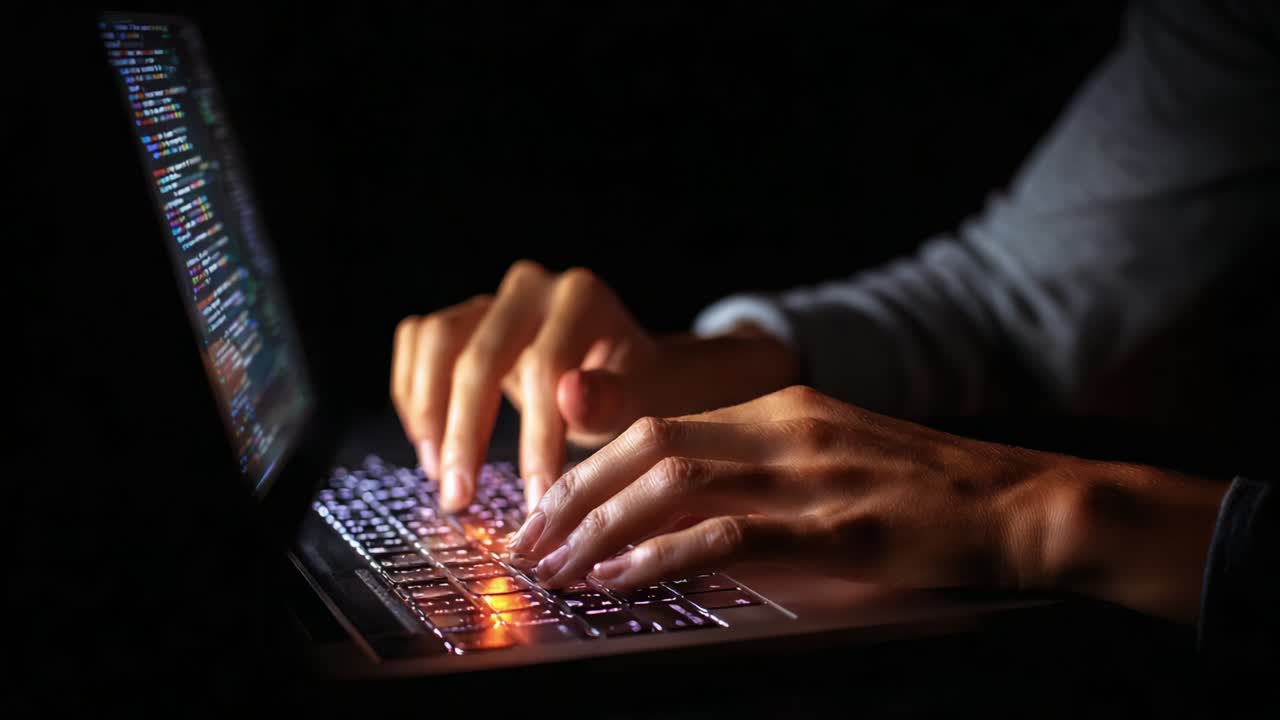 A focused individual immersed in their work, skillfully typing on a illuminated laptop keyboard in a dimly lit environment, showcasing dedication, technology, and the art of programming or content creation