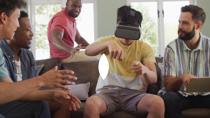 CTA overlay popping, VR user reaching ahead, friends leaning, subscribe button boosting social subs