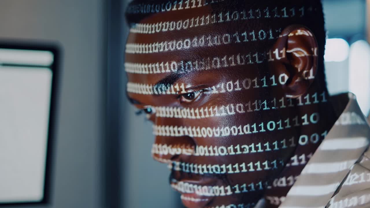 Close-up shot of a man with binary code projected on his face, symbolizing digital technology