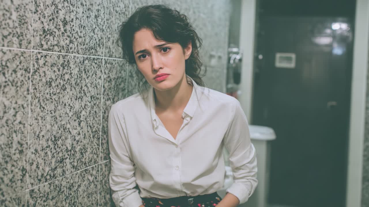 Momento Emotivo Catturato in un Bagno: Una Giovane Donna Riflette Profondamente sui Suoi Sentimenti, a Significare Vulnerabilità e Complessità in un Contesto Pubblico