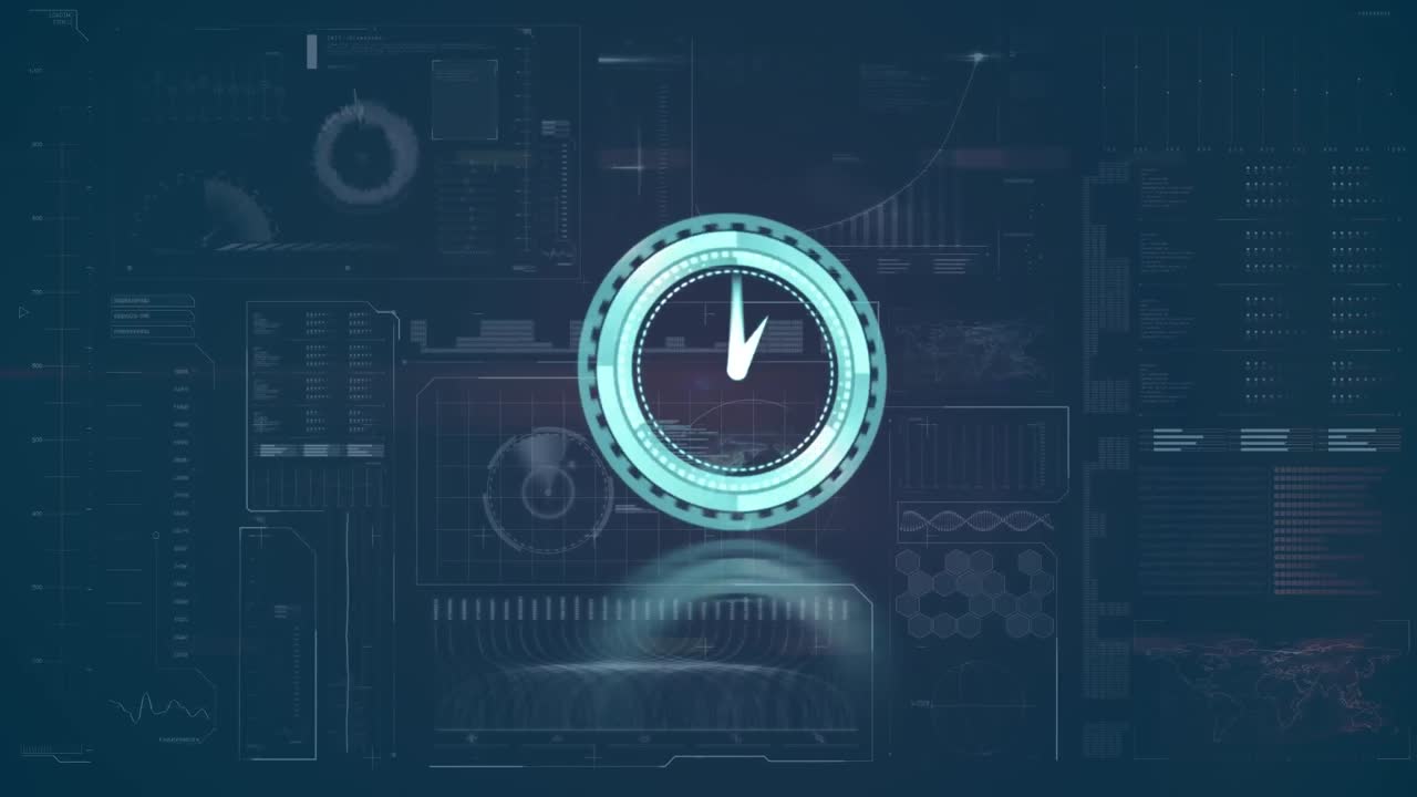 Animation of clock moving fast and data processing on screen