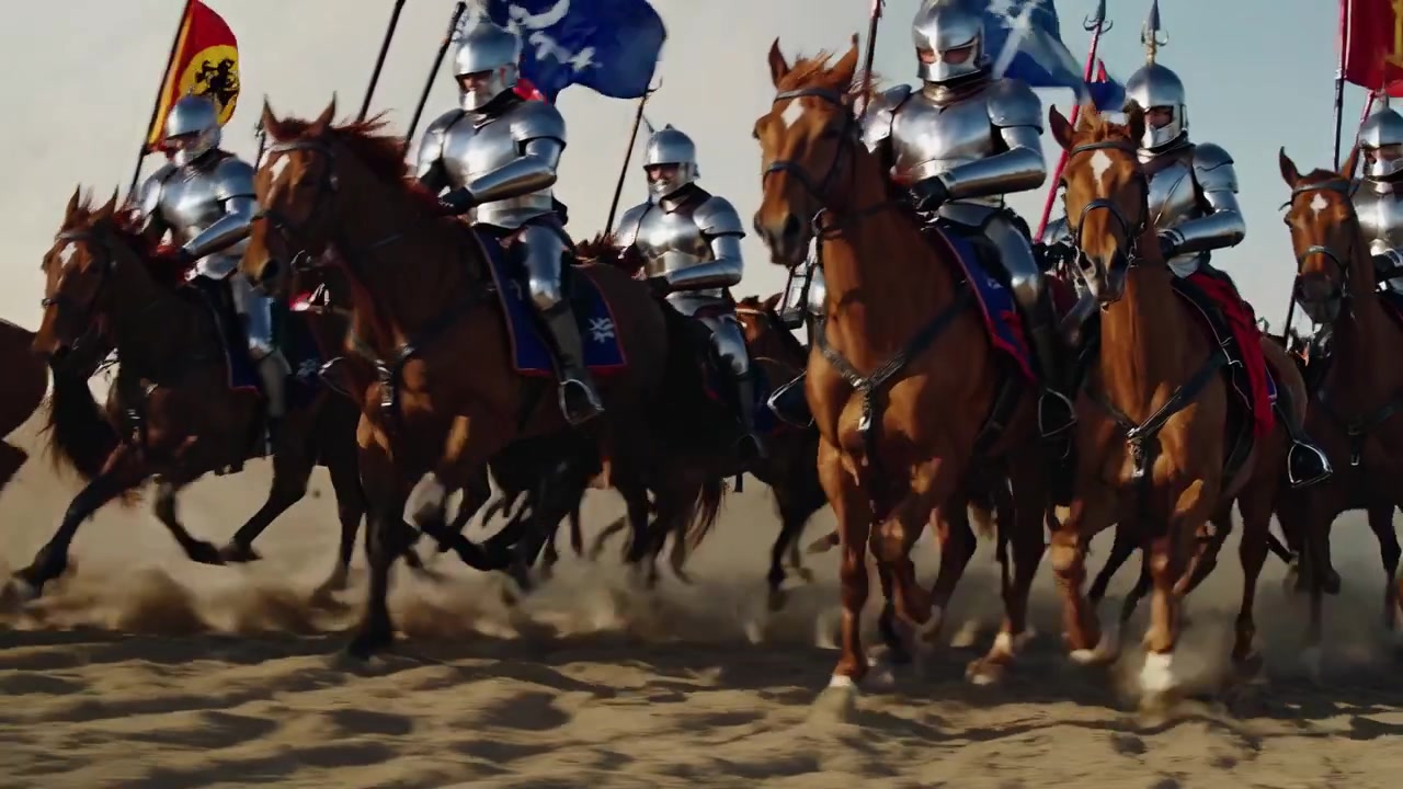 Cavalieri medievali in armatura completa che caricano a cavallo attraverso un campo polveroso