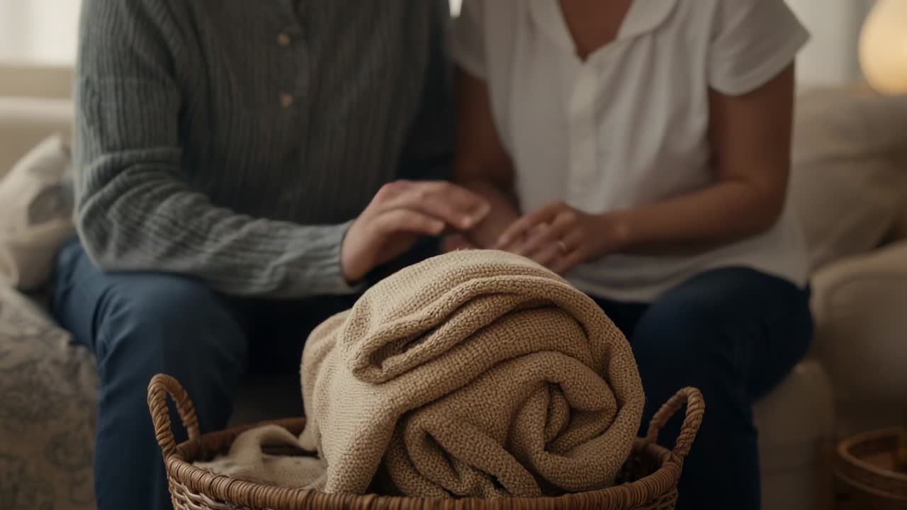 Coppia in maglione e polo che, posando le mani, liscia una coperta in un cesto intrecciato sul divano, creando un'atmosfera rilassante.