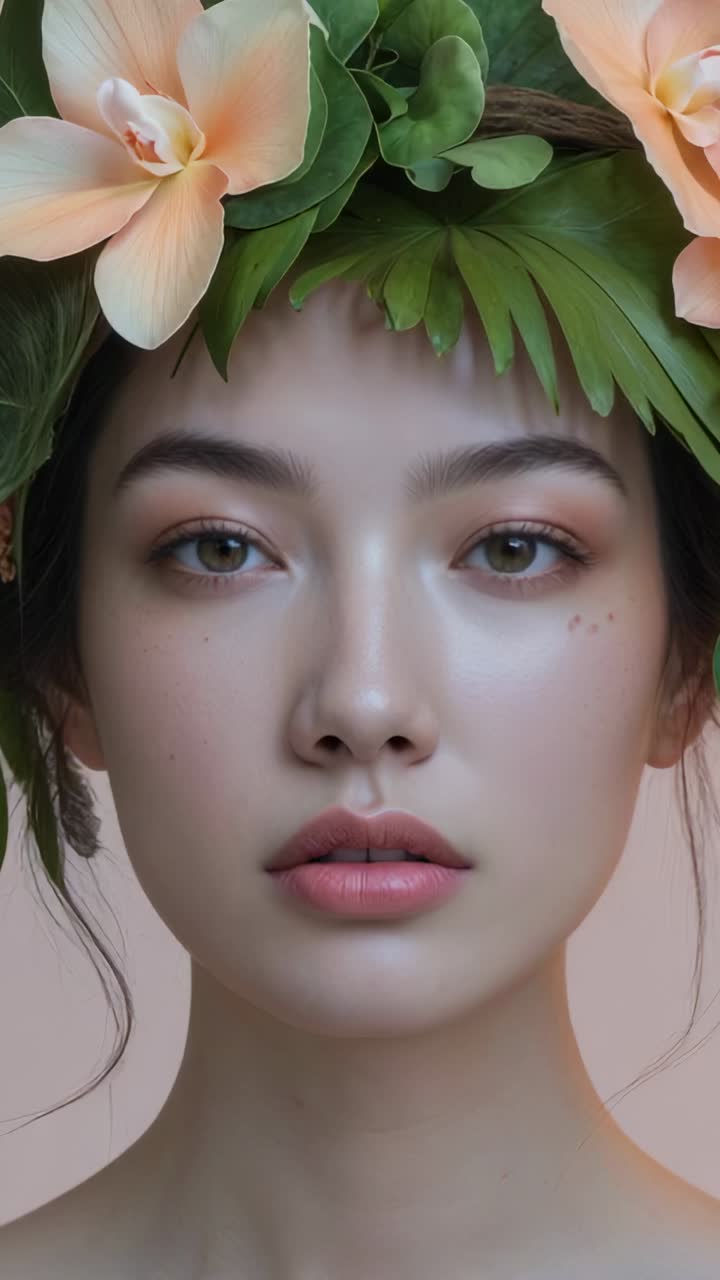 Vertical video: Showing woman lowering eyelids then closing eyes in studio, with floral crown