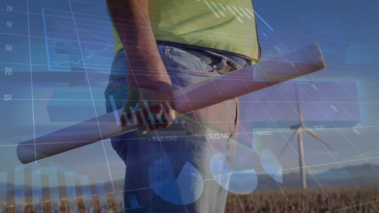 animación de gráficos sobre la sección media del ingeniero biracial y la turbina eólica