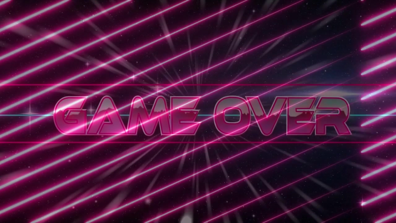 Opening diagonal laser sweep starting, neon GAME OVER text revealing and pulsing, signaling end
