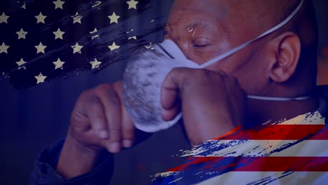 animation of american flag waving over man in the background