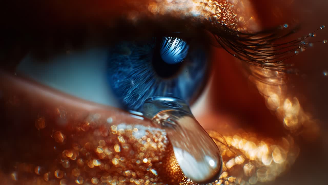 Close-up of a Tear Falling from a Beautiful Blue Eye Surrounded by Sparkling Gold Makeup, Capturing Emotion and Artistry in a Moment of Vulnerability and Beauty