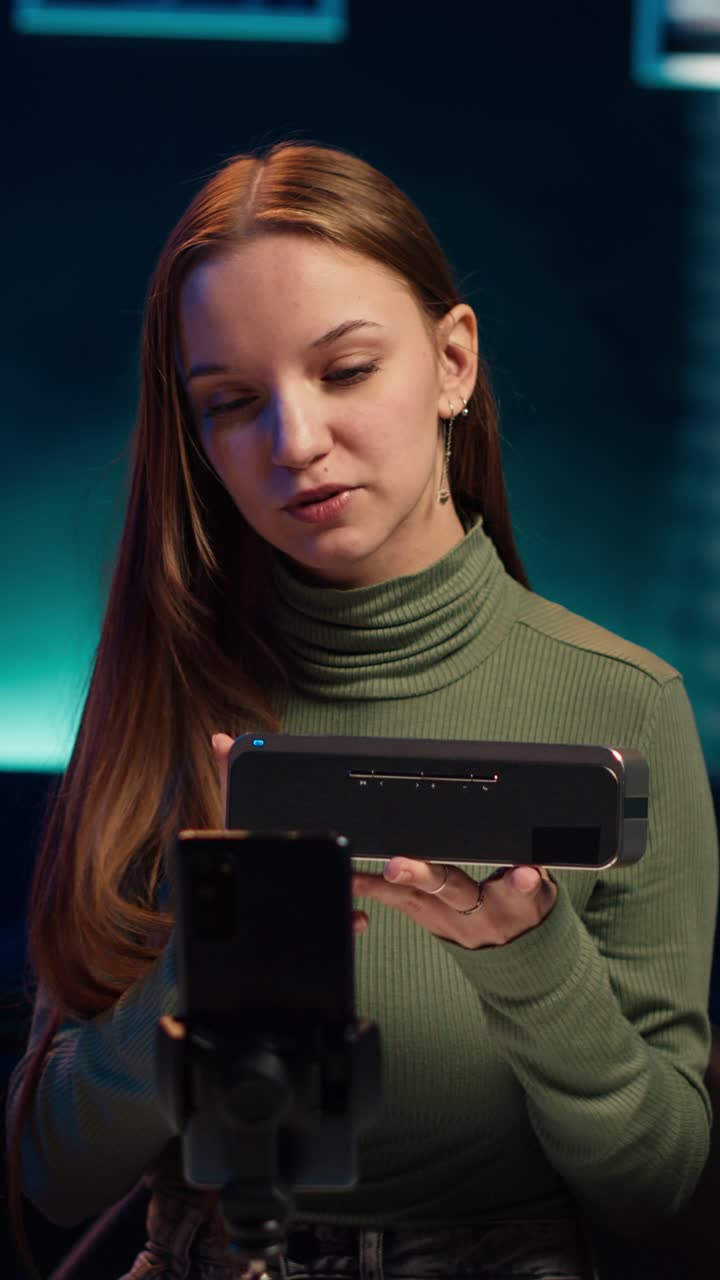 Giovane donna che realizza un vlog con recensione di un prodotto con smartphone in studio