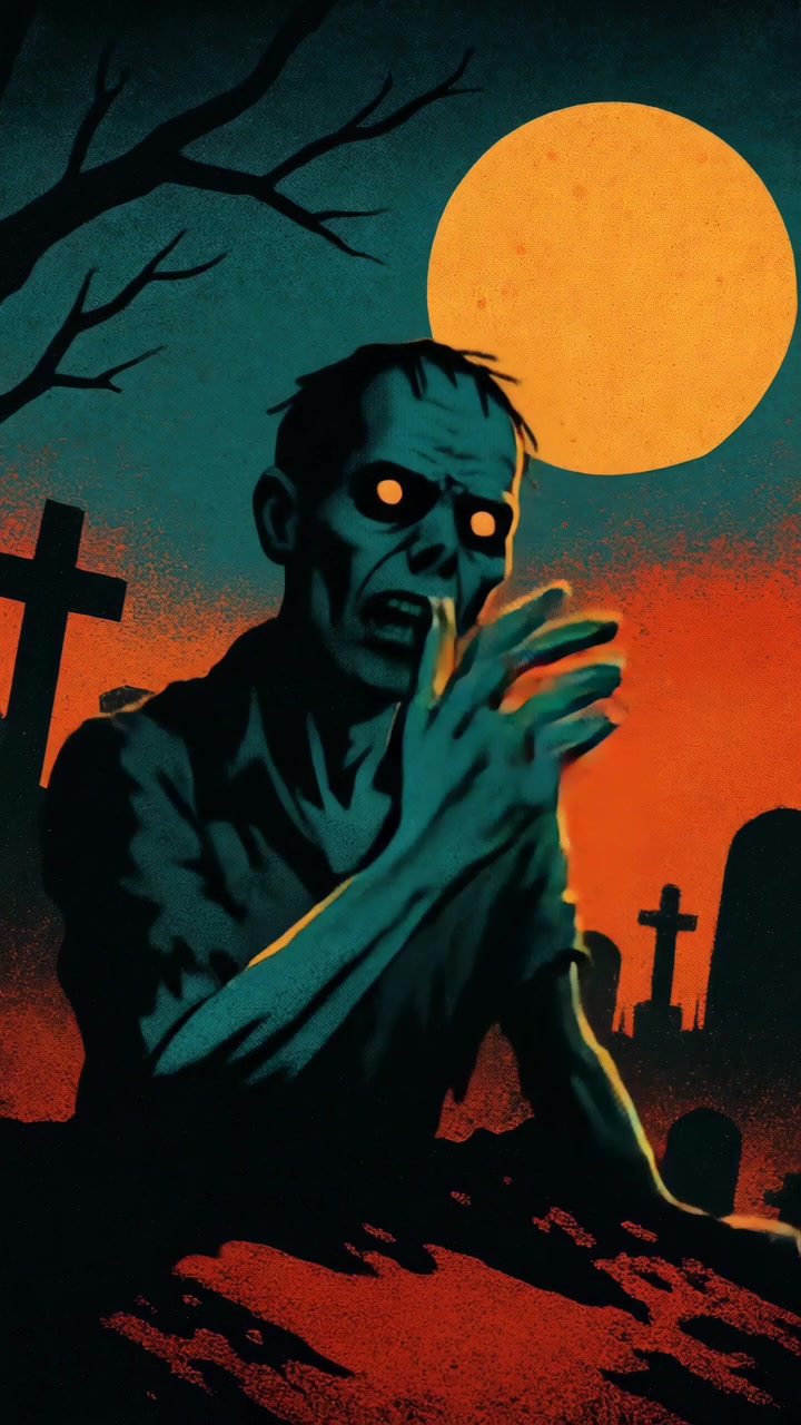 Animated Zombie Rising from Grave in Graveyard at Night