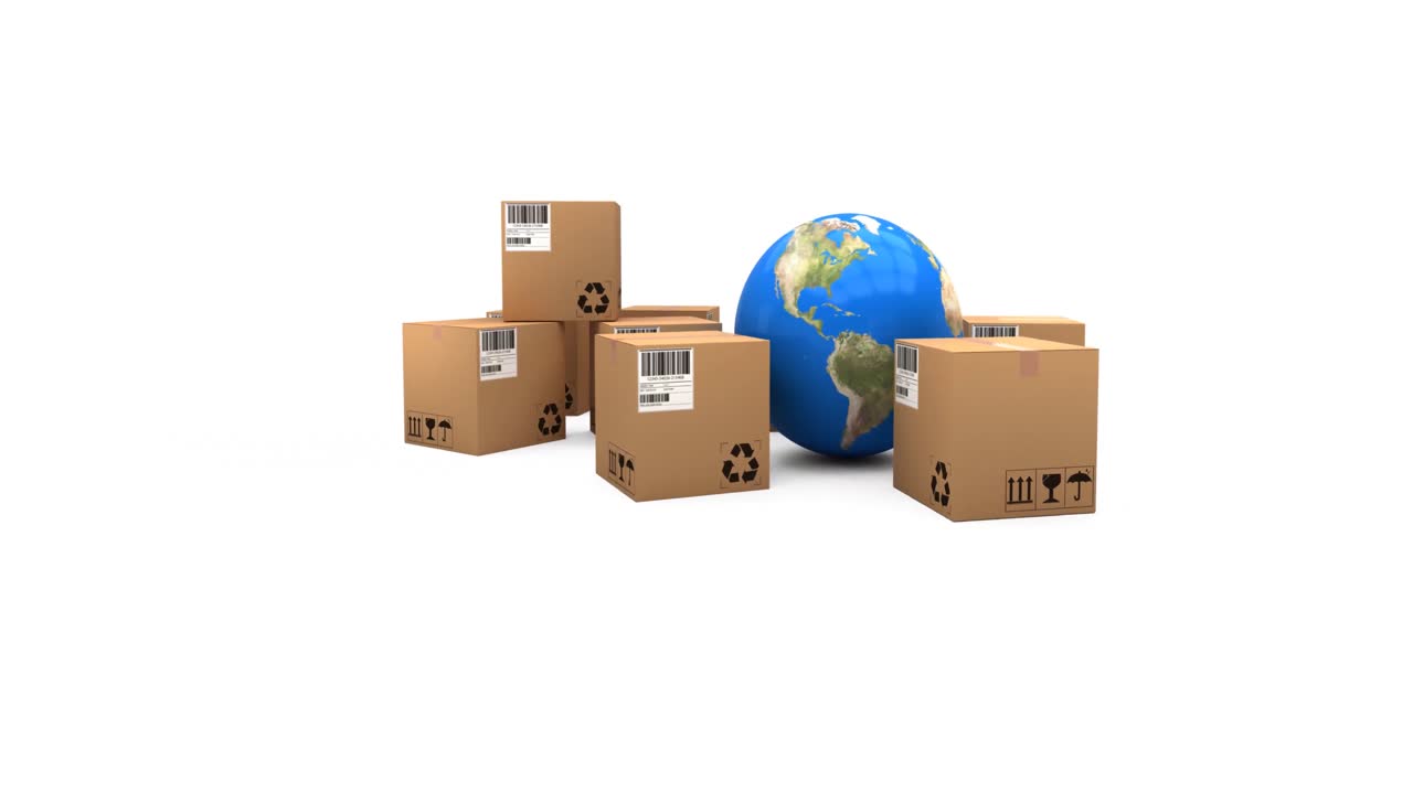 Animation of globe and multiple cardboard boxes moving on white background