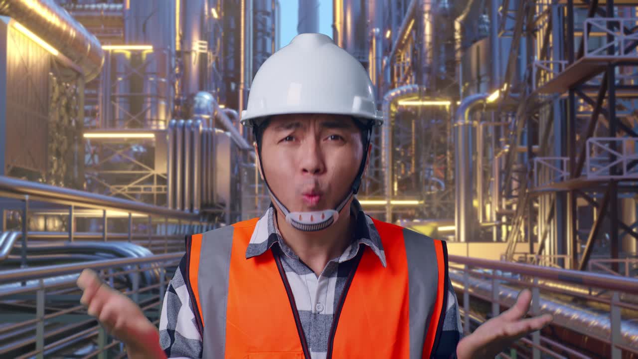 Close Up Of Wondering Asian Male Engineer With Safety Helmet Saying Why Working Doubtfully At A Vast Oil Refinery