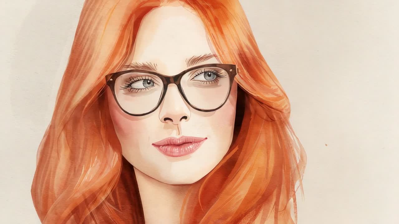 Framing shifting right revealing red-haired woman with black framed eyeglasses in studio