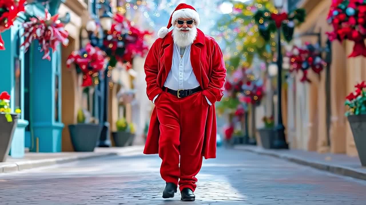 A man dressed as Santa Claus walking down a street